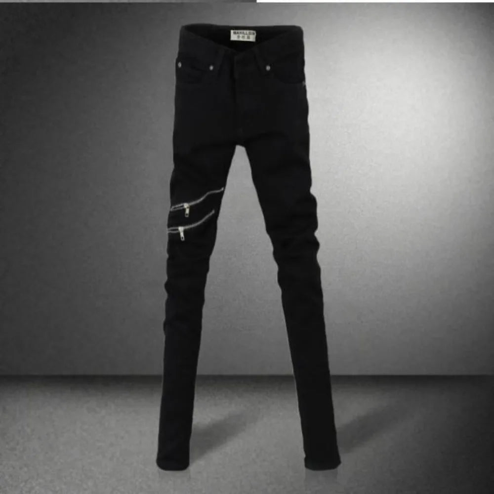 Casual Zipper Designer Men's Jeans Denim Pants 2024 Spring and Autumn Korean New Trendy Black Slim Elastic Pencil Trousers Male