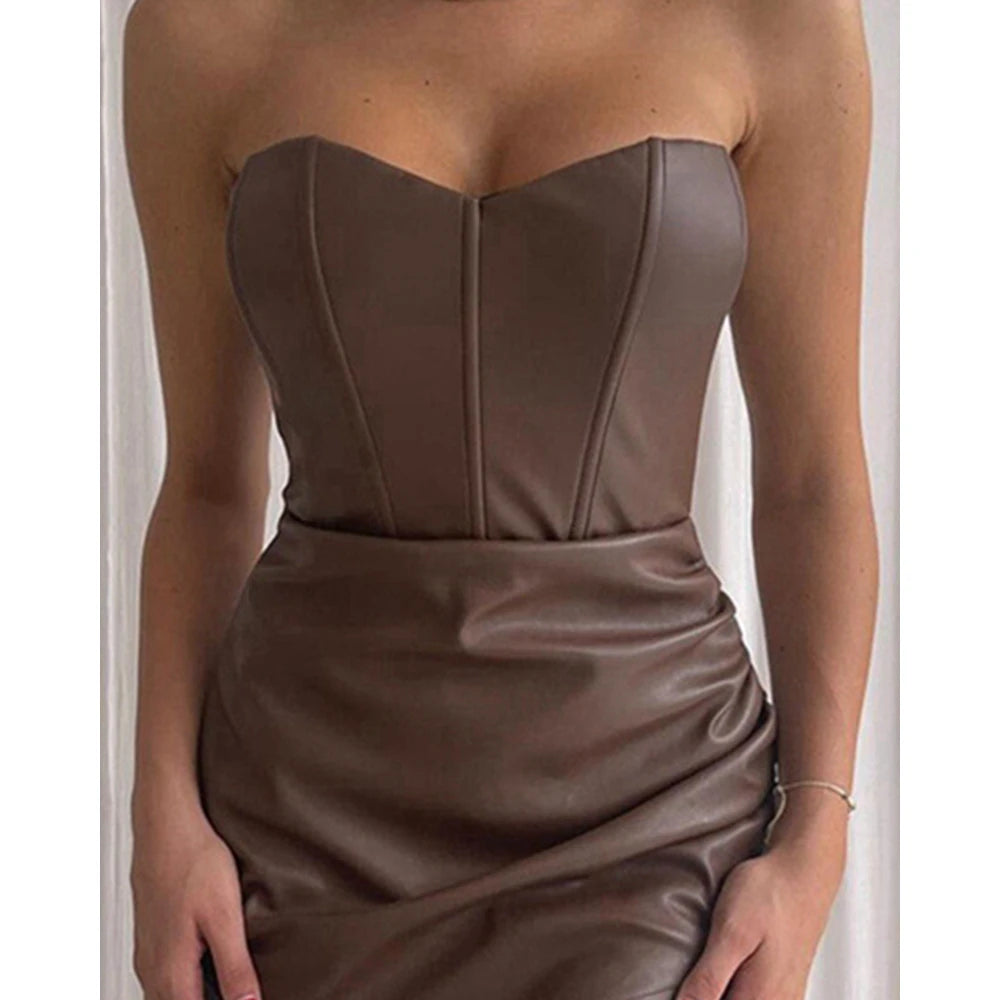 Elegant Women Strapless Pu Leather Bodycon Party Dress Fashion Slim Waist Sexy Dresses for Lady Nightclub Mini Dress Clothes