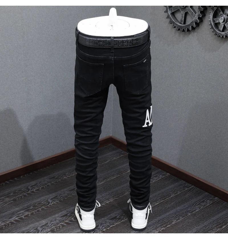 High street fashion new black men's jeans stretch slim fit retro washed embroidered jeans designer hip-hop brand pants hombre