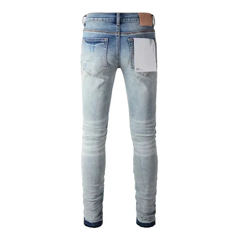 2024 Purples Man jeans brand high street blue ripped distressed fashion repair low rise skinny denim trousers brand pants